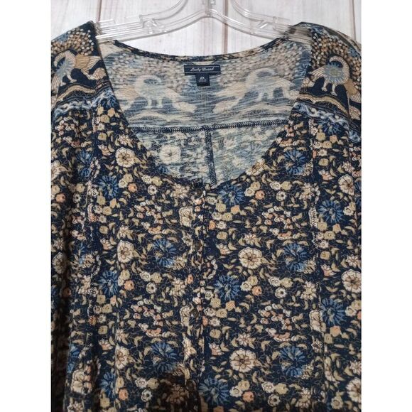Lucky Brand Shirt Ladies 2x Navy Tan Floral 3/4 Sleeve Scoop Neck Brass Button F - Picture 3 of 8